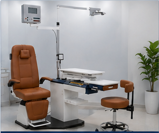 Motorized ophthalmic refraction chair unit designed for eye hospitals, optical stores and vision testing centers. Smooth height adjustment, ergonomic patient positioning and durable construction for daily clinical use.