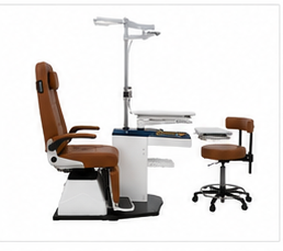 Motorized ophthalmic refraction chair unit designed for eye hospitals, optical stores and vision testing centers. Smooth height adjustment, ergonomic patient positioning and durable construction for daily clinical use.