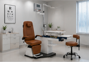 Motorized ophthalmic refraction chair unit designed for eye hospitals, optical stores and vision testing centers. Smooth height adjustment, ergonomic patient positioning and durable construction for daily clinical use.